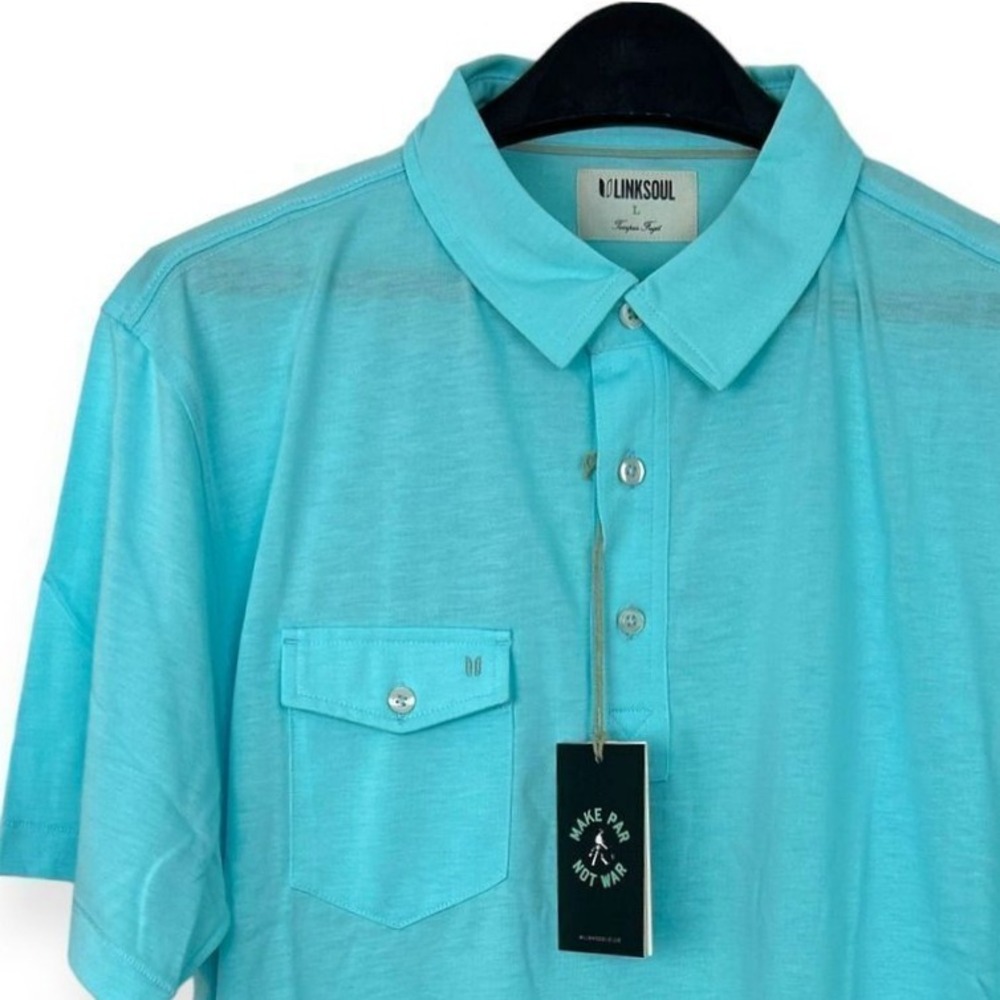NEW Linksoul Mens L Tempus Fugit 100% Cotton Slub Golf Polo Shirt Turquoise Blue